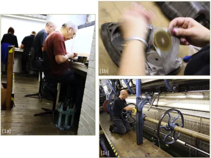 Figure 1. (a) Four threaders work to keep input materials ready; (b) threading the bobbins into the carriages; and (c) setting the pattern change