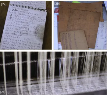 Figure 2. (a) Twisthand’s personal notebook on quick pattern changes; (b) Salvaged notes on quick pattern changes; and (c) white marked carriages behind the threads highlight the dead stop