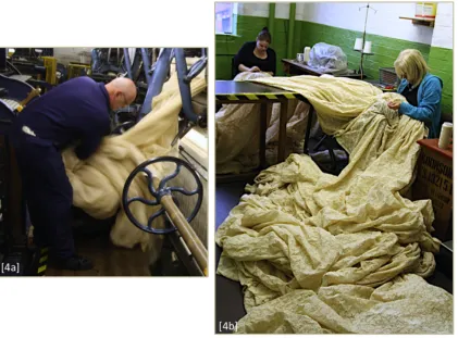 Figure 4. (a) Removing the lace ‘web’ from the machine, ready for mending and (b) group mending to repair an extensive flaw