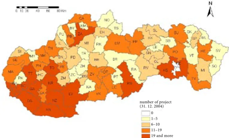 Figure 1. Approved projects distribution of the SAPARD programme (total measures 1–7) in districts of Slovakia