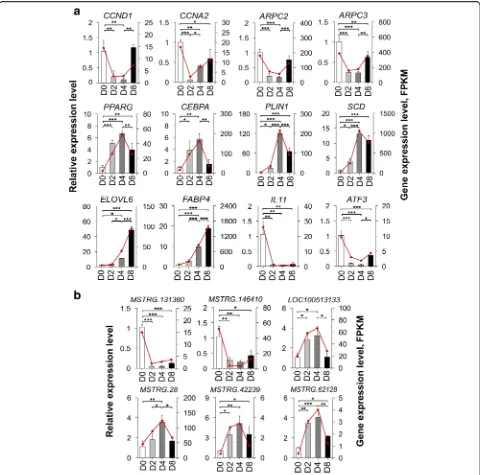 Fig. 7 Validation of the expression of DE genes by qRT-PCR. qRT-PCR validation of the expression levels of twelve DE mRNAs associated with cellData are represented as mean ± SD,stages