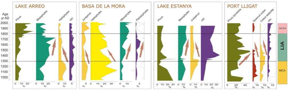 Fig. 2. Selected pollen taxa and group diagrams from lakes Arreo, Basa de la Mora, Estanya and Portlligat and correlation between them.In Arreo sequence Mesophytes curve is composed by deciduous Quercus, Fagus and Corylus; Heliophytes group by Artemisia, C