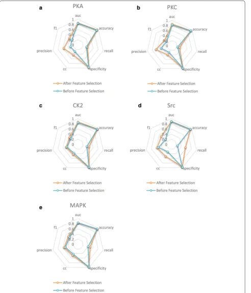 Fig. 2 Performance comparison on feature selection and non-feature selection. The performances of PKA, PKC, CK2, SRC and MAPK are shown in ab, c, d and e, respectively