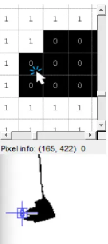 Fig 6. Binary matrix corresponding to the graphical data, its elements, pixels and coordinates