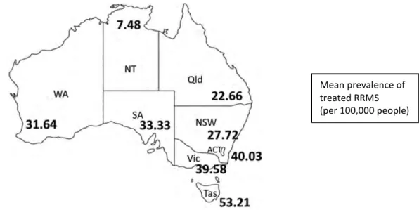 Figure 4  Map of Australia illustrating the mean prevalence of treated RRMS by state, 2005 to 2008 32