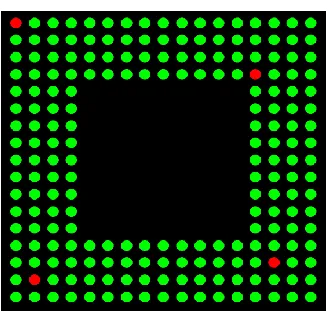 Figure 30 LGA 97 stencil aperture layout. Green indicates standard stencil aperture positions, red indicates undersized aperture positions