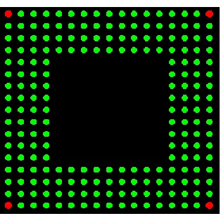 Figure 32 QFN 100 stencil aperture layout. Green indicates standard stencil aperture positions, red indicates undersized aperture positions