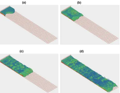Fig. 4. Distribution of salinity surface 0.3 6 S 6 0.6 in Nek5000 at (a) t = 0, (b) t = 2125 s (0.6 h), (c) t = 4675 s (1.3 h), (d) t = 9350 s (2.6 h).