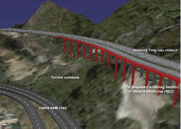 Fig. 2. Virtual terrain contours, existing viaduct, Castle Peak Road   and the proposed widened section of viaduct structures 