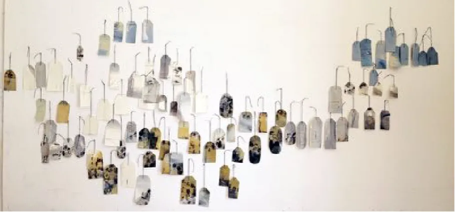 Fig. 29 Mary Crenshaw, Dirge, Acrylic, collage on paper, string, 2015. 