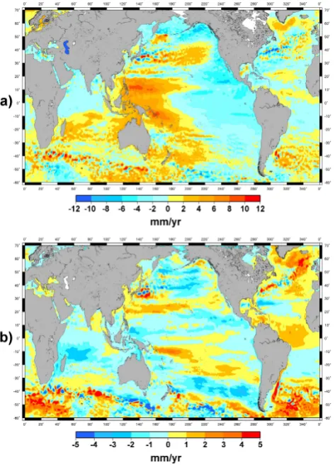 Fig. 1. Satellite altimetry sea level trends over 1993–2009 and re-constructed past sea level trends over 1950–2009