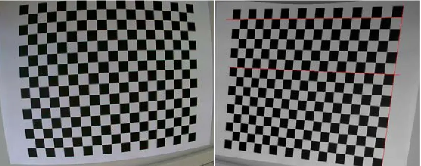Figure 4-2 Checkerboard pattern before and after removing lense distortion.  