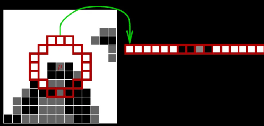 Figure 4-8 Pixel p and its neighboring pixels in a vector form [5]. 