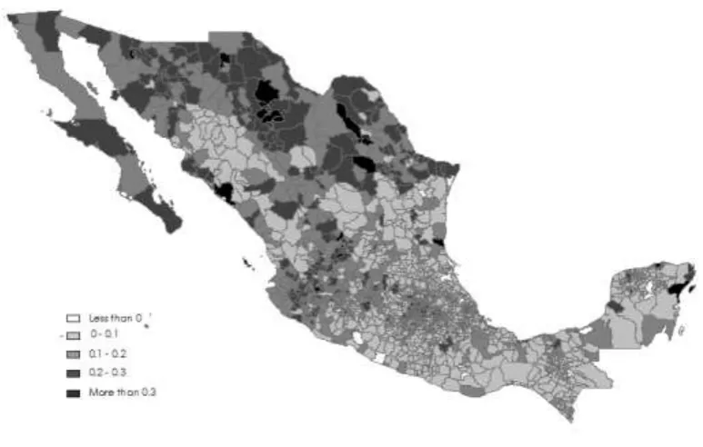 Figure 2. Map of the variation in the MMDI by municipality between 1990 and 2005 
