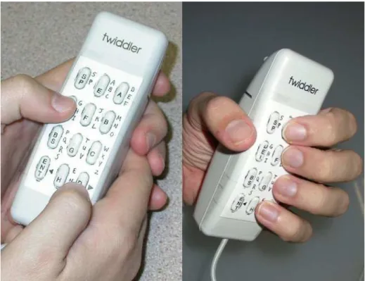 Figure 13: On the left, typing using multi–tap on the Twiddler keypad. On the right, chording with the Twiddler one–handed keyboard.