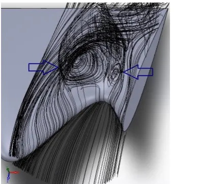 Fig. 1.  Leading-edge protrusions creating chord-wise vortices (marked by  blue arrows) in the x-z plane