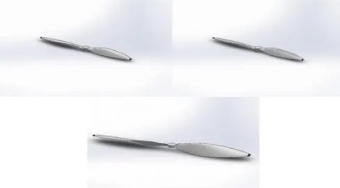 Fig. 2.  Propeller Geometries. Top Row, L-R: Baseline, Modified, C4 configuration, propeller geometries