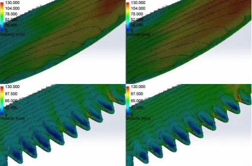 Fig. 18.  Streamlines around the 8x3.8 propeller blade cross sections. Row 1,  L-R: C1 configuration, C2 configuration