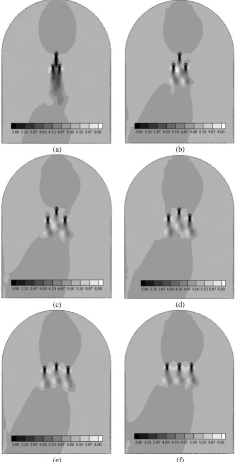 Fig. 8. Plots of velocity magnitude in the domain at a) 15° b) 30° c) 45°  d) 60° e) 75° and f) 90° oblique angles