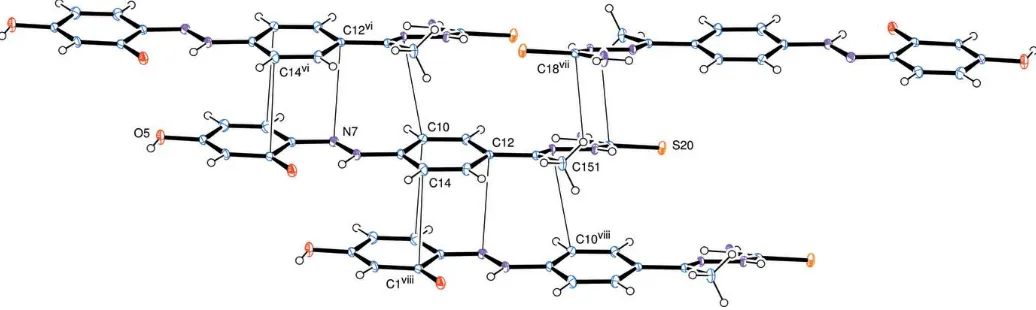 Figure 5View of the overlapping molecules, showing some of the shorter �–� stacking contacts.