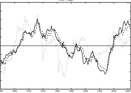 Figure 3: One-Step Ahead Forecast Errors 1960 1965 1970 1975 1980 1985 1990 1995 2000 2005−0.1−0.08−0.06−0.04−0.0200.020.040.060.080.1Real Wage