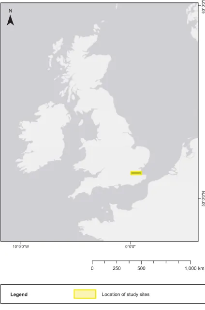 Figure 1.2 Location of study sites within Thames Gateway area of South-east England.Basemap source: Esri, DigitalGlobe, GeoEye, i-cubed, USDA FSA, USGS, AEX, Getmapping,Aerogrid, IGN, IGP, swisstopo, and the GIS user community.