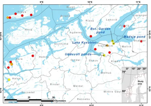 Figure 2. Localities of Notonecta glauca with colour codes indicating the first year of registration