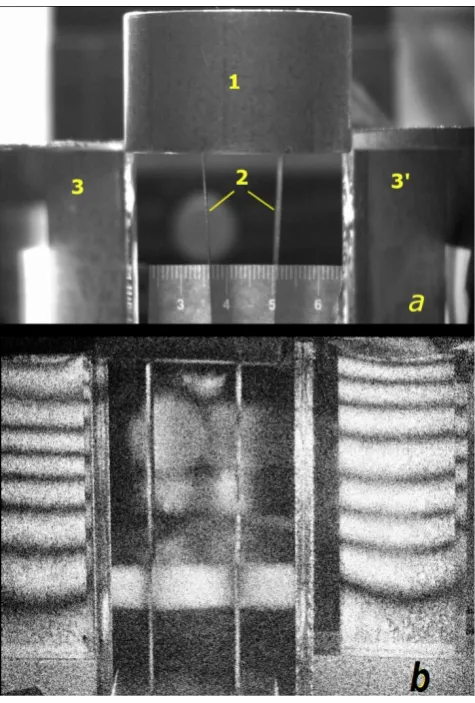 Fig. 1. Measurement of sample length variation at change of its  temperature: (a): 1 is briquette, 2 are supporting plate-like sensitive 