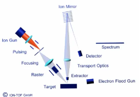 Fig. 4-9:  Schematic working principle of the ToF-SIMS IV spectrometer. 