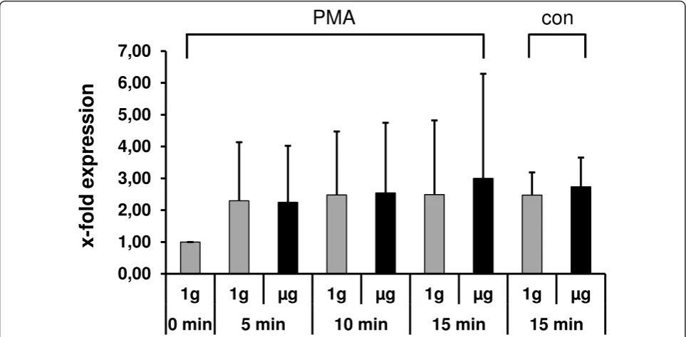 Figure 2 mRNA expression of p21 Waf1/Cip1 in Jurkat T cells after 5, 10, and 15 min of simulated weightlessness (μg) by clinorotationPMA was added at the onset of weightlessness for cellular stimulation