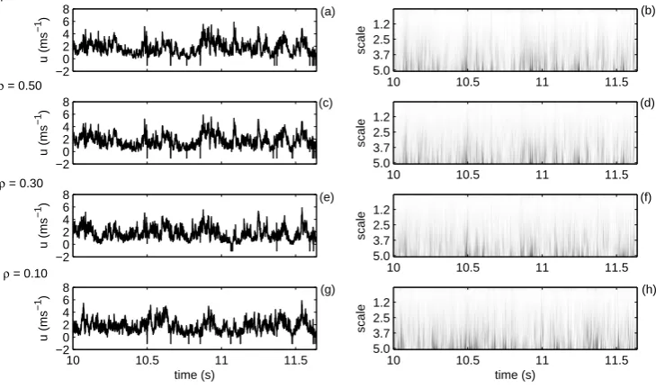 Fig. 3. Surrogate time series for thecolumn gives the corresponding absolute part of the continuous wavelet transform for each surrogate series using a Mexican Hat waveletapplied to the ﬁrst 5 scales (formed using 81 voices)