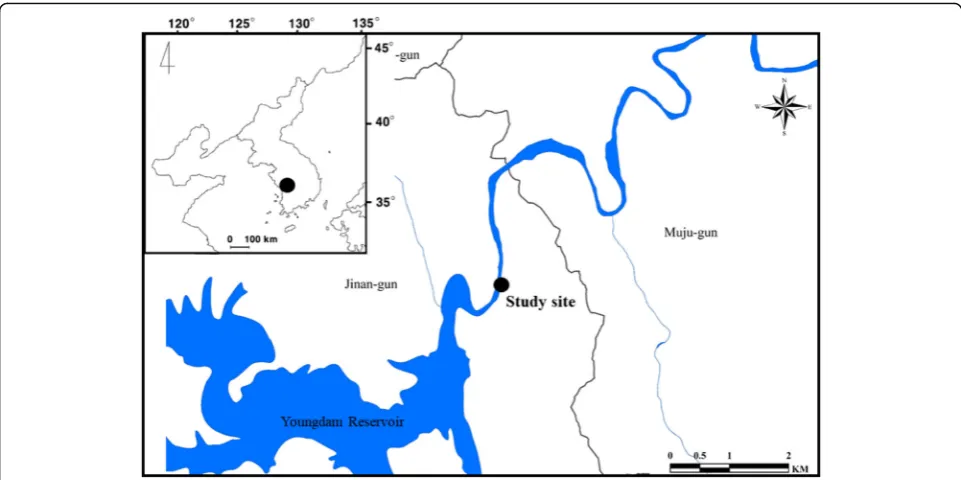 Fig. 4 Map of the study sites located upstream of the Geum River. The study sites are indicated in solid circles (●)