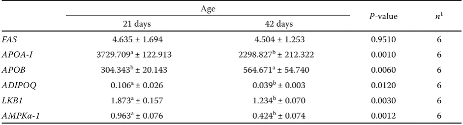 Table 5. Expression of FAS, APOA-I, APOB, ADIPOQ, LKB1 and AMPKα-1 genes in the liver of 21- and 42-day-old broilers 