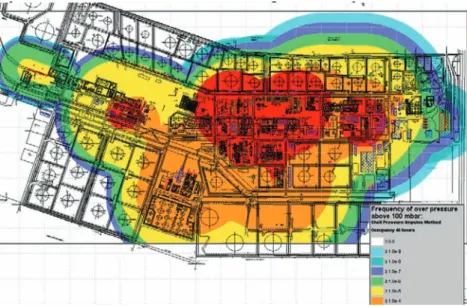 Figure 7. Base case – Frequency of overpressure above 100 mbar from site explosions