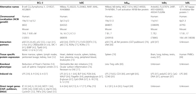 Table 1 Properties of atypical IκB proteins
