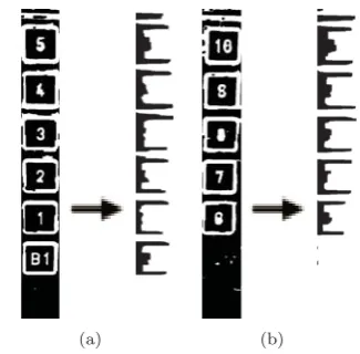 Figure 4: (a) Two detected ranges. (b) and (c) show thecropped button columns (ROI1BC and ROI2BC) from theM-image.