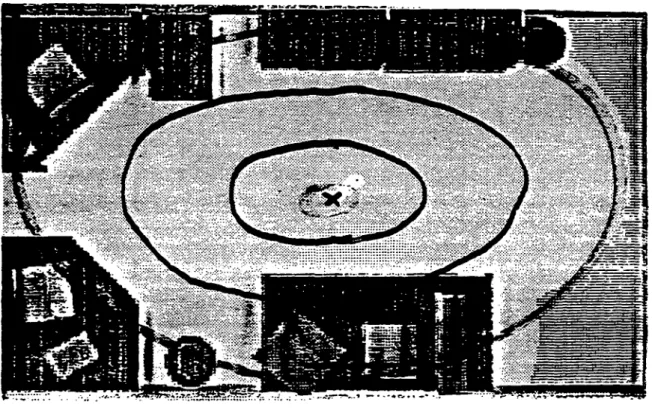 Figure 3. An overhead view of the experimental room. Subjects traced the camera path as shown wifia representative traces derived from the four views of the experiment.