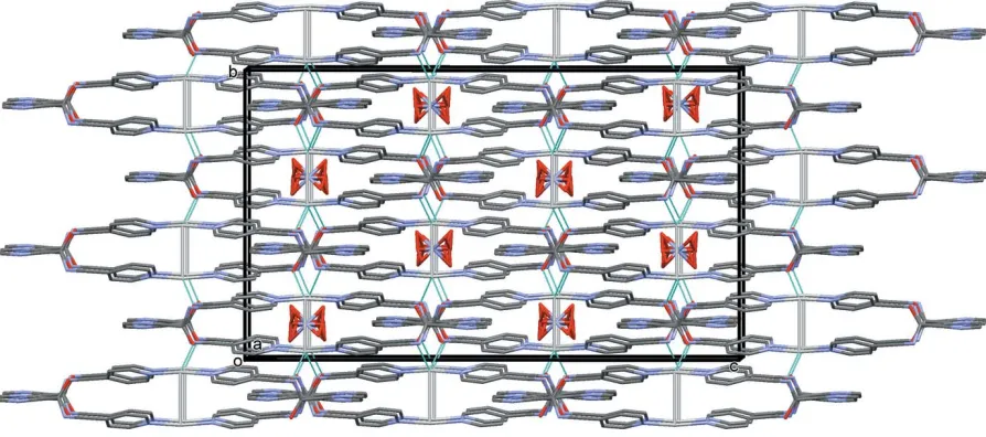 Figure 6A view along the a axis of the crystal packing of complex (I), showing the Ag� � �O bonds as dashed lines (see Table 2)