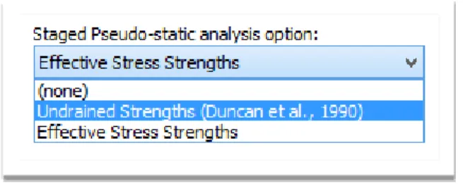 Figure 1.  Dropdown menu for selecting the staged pseudo-static option for calculating strengths