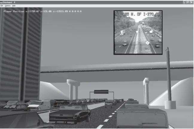 FIGURE 9 Dynamic 4-D rendering of area in Maryland with real-time CCTV video feed and traffic embedded in model.