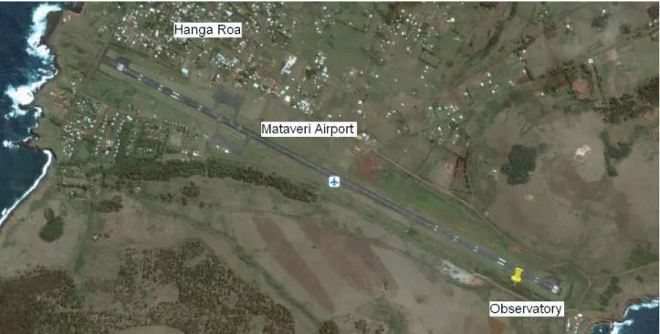 Figure 2: Google Earth view of the Mataveri airport area on Easter Island. The new magnetic observatory  is indicated by a yellow marker
