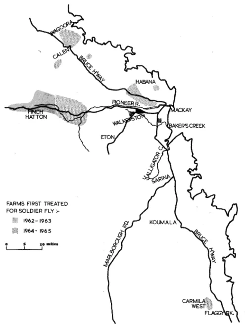Fig. 2-Location  of farms treating for  soldier  fly  at  Mackay and  Plane Creek. 