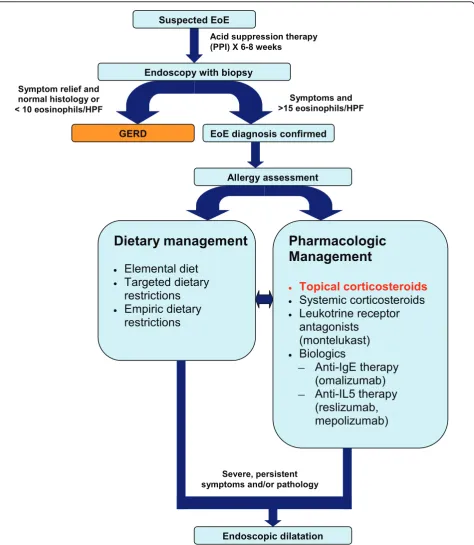 Figure 2 Proposed algorithm for the diagnosis and management of EoE. EoE: eosinophilic esophagitis; PPI: proton pump inhibitor; GERD:gastrointestinal reflux disease; HPF: high power field; IgE: immunoglobulin E; IL5: interleukin 5