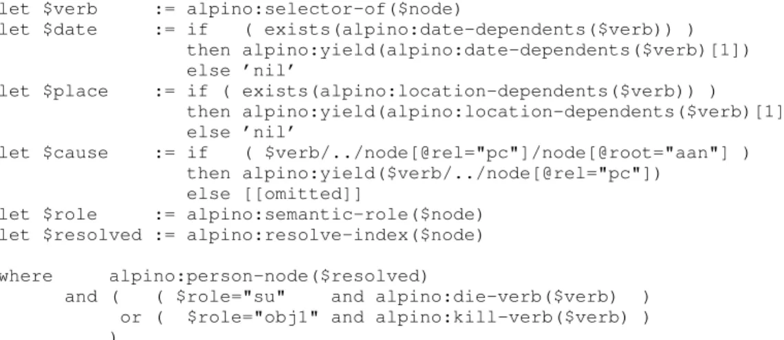 Figure 3: XQuery module (fragment) for Alpino treebanks