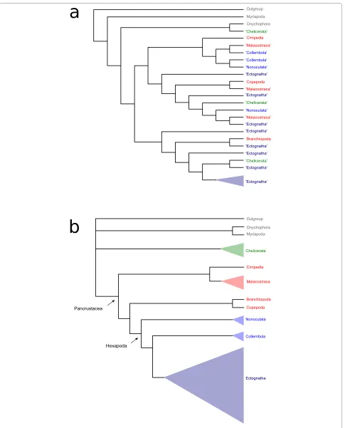 Figure 4 Schematized cladograms inferred from the unmasked and masked EST data setnon-monophyly of clades