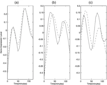 Figure 8. Smooth Estimates of the Mean Function (a), the First (b) and Second (c) Eigenfunctions, Obtained From Sparse (solid lines) and Complete (dashed lines) Gene Expression Data.