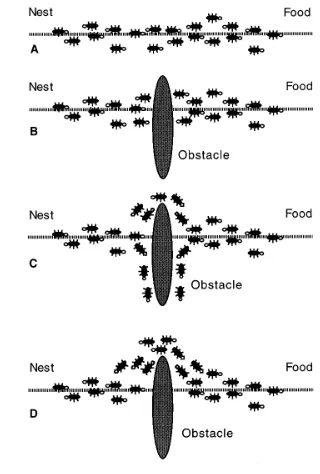 Figure 6 - ACO GA Fig. 1. (A) Real ants follow a path between nest and foodsource. (B) An obstacle appears on the path: ants choosewhether to turn left or right with equal probability.Pheromone is deposited more quickly on the shorter path