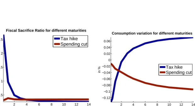 Figure 8: Fiscal Sacrifice Ratio and CV evaluated at different maturities for tax- and spending- spending-based consolidation
