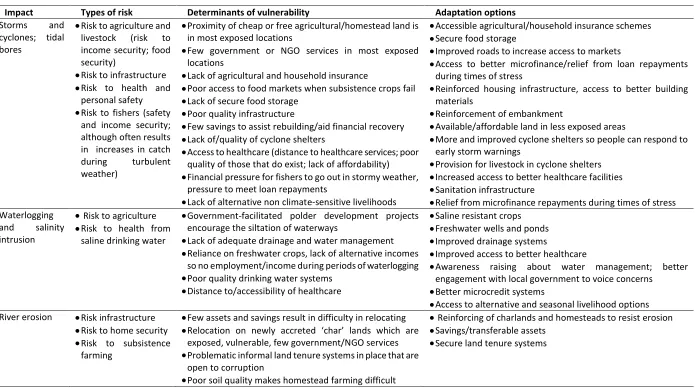 Table 4.4: Risks, vulnerability and adaptation options to climate change impacts as defined by respondents in Noakhali  