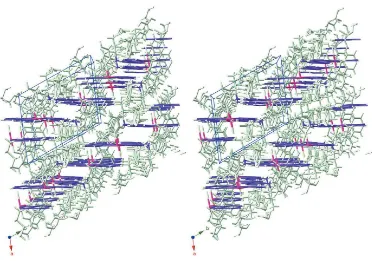 Figure 3Similarly to Fig. 2, a view (inverse stereo stick-structure) along the a-axis direction, showing the bis(benzimidazolyl)pyridines (purple) and the other